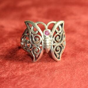 Silver Butterfly Ring with Red Gemstone
